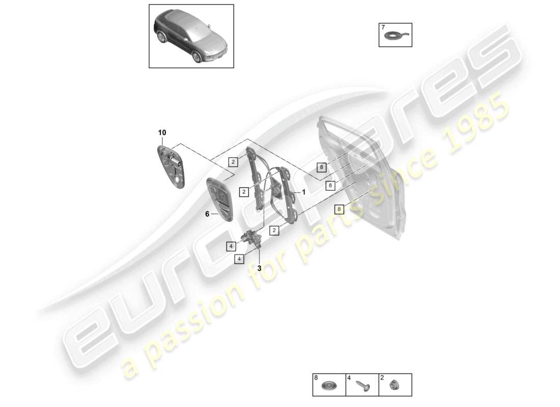 porsche 2023 (cayenne e3 9ya/9yb) window regulator rear assembly carrier part diagram