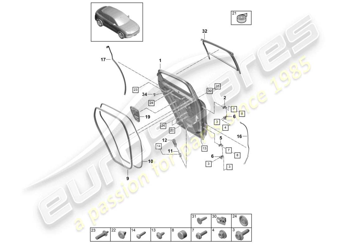 porsche 2023 (cayenne e3 9ya/9yb) door shell rear seal coupe part diagram