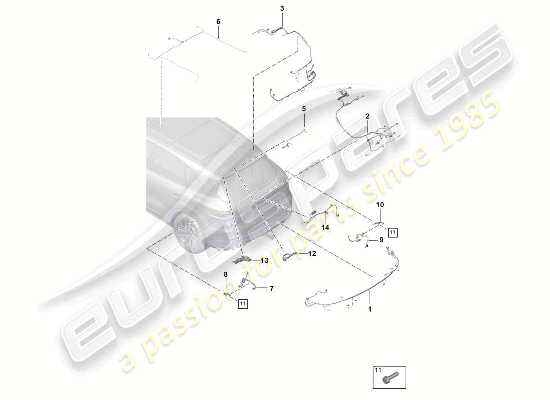 porsche 2023 (cayenne e3 9ya/9yb) wiring looms bumper parts diagram