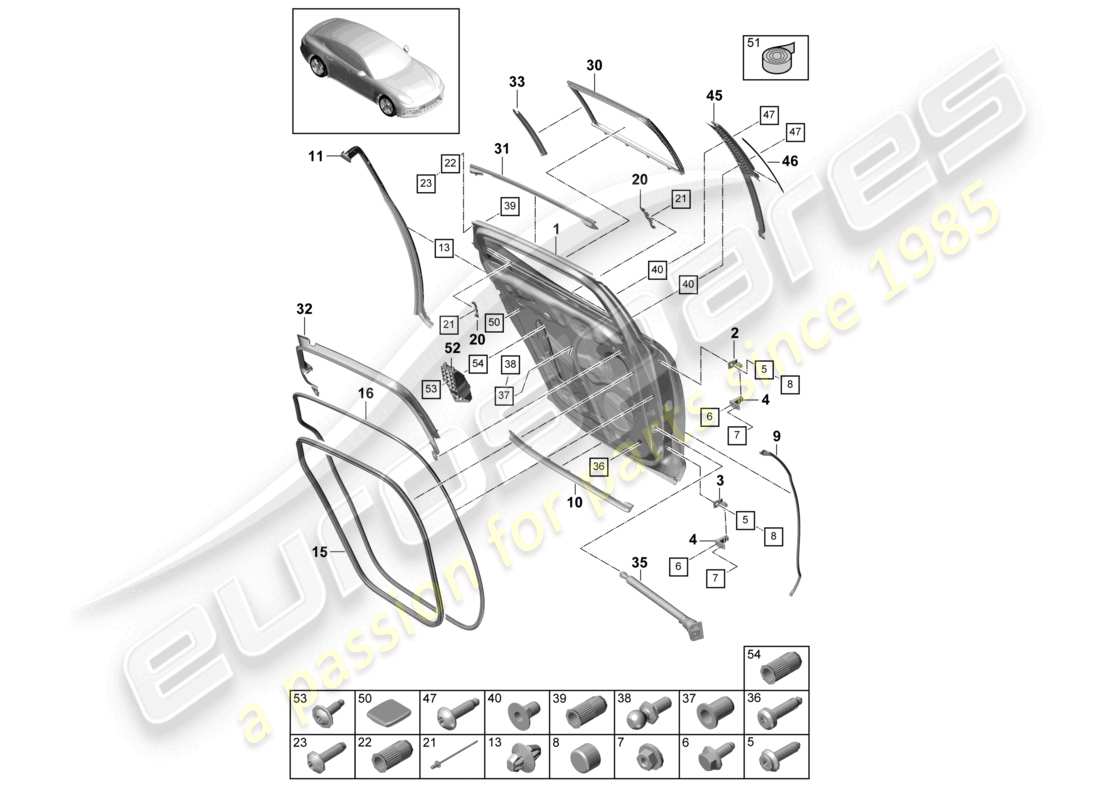 porsche 2021 (panamera 971-1) seal rear door shell part diagram