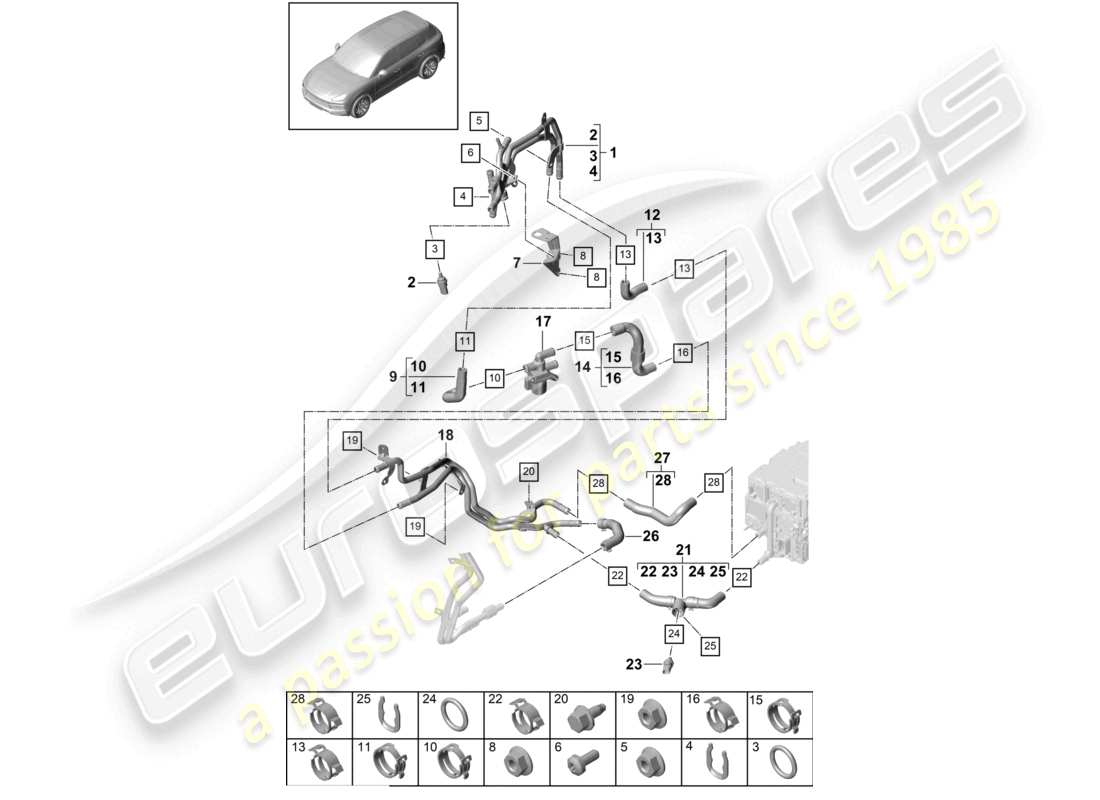 porsche 2021 (cayenne e3 9ya/9yb) coolant cooling system parts diagram