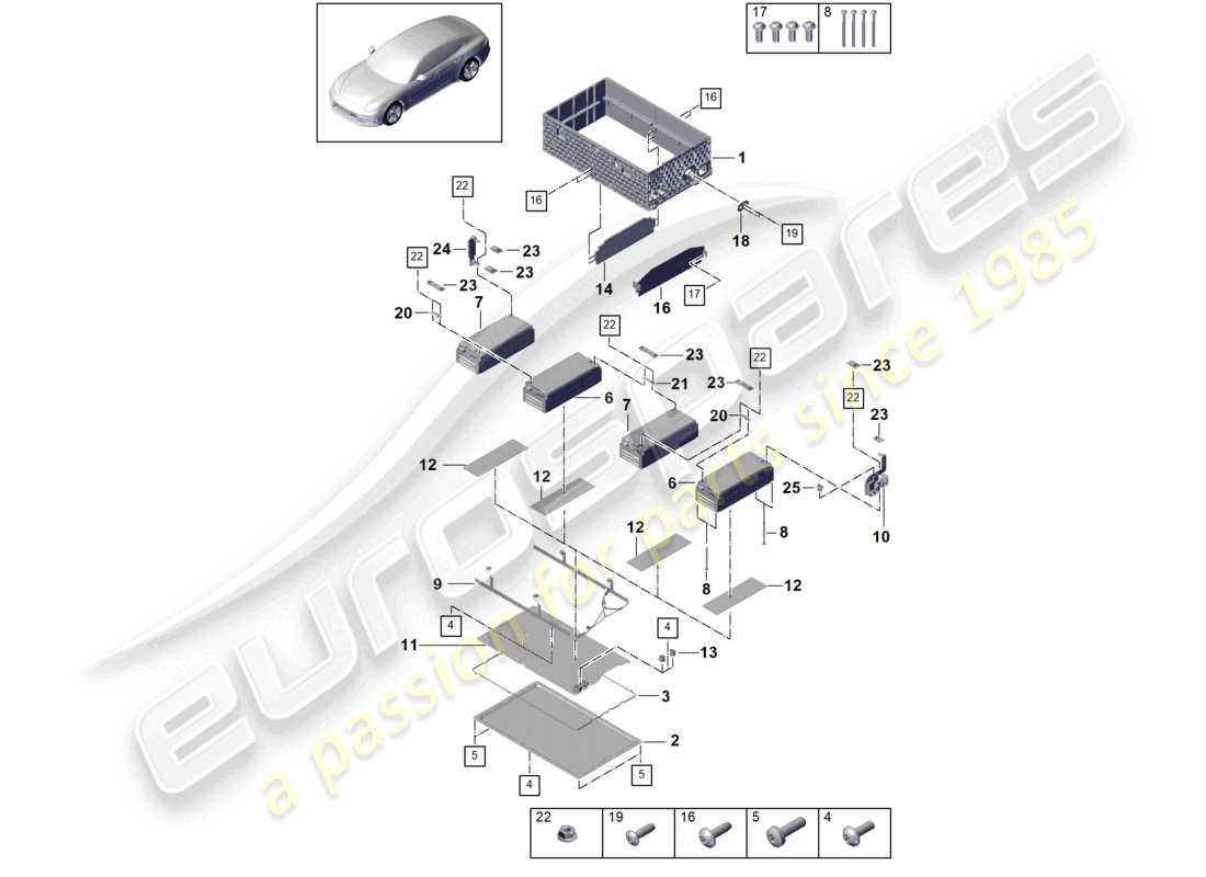 porsche 2021 (cayenne e3 9ya/9yb) hybrid battery lower individual parts part diagram