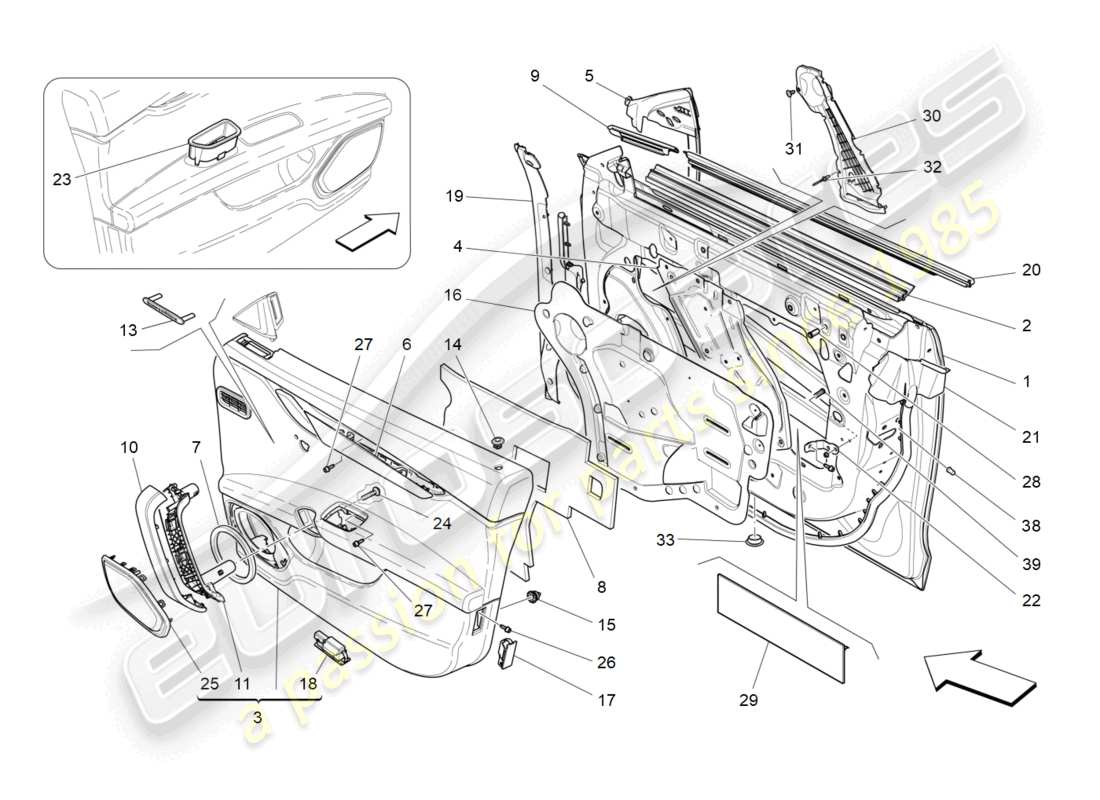 maserati ghibli (2015) front doors: trim panels parts diagram