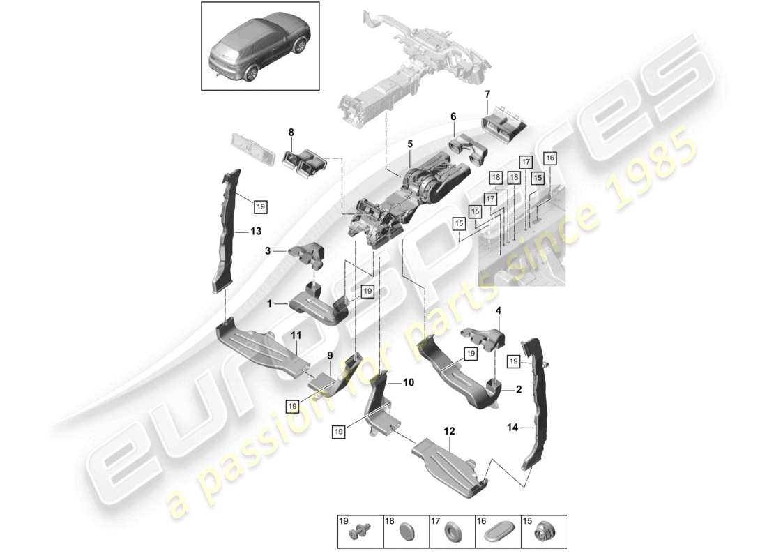 porsche 2023 (cayenne e3 9ya/9yb) air guide air conditioning 4-zonen passenger compartment 4-zone climatronic, boost part diagram