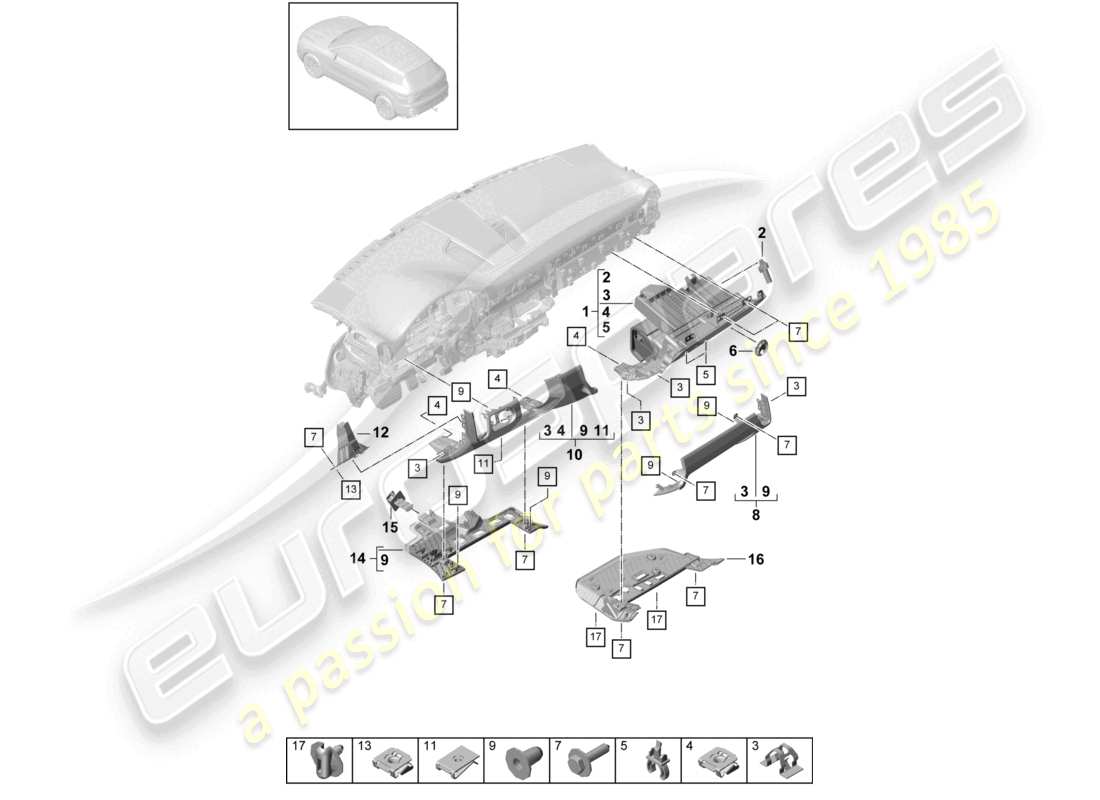 porsche 2022 (cayenne e3 9ya/9yb) instrument panel trim lower accessories part diagram