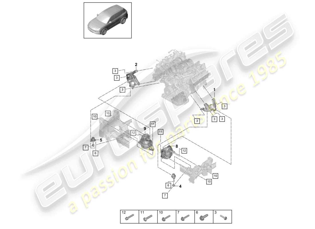 porsche 2022 (cayenne e3 9ya/9yb) engine lifting tackle lower console for engine mounting engine mounting part diagram