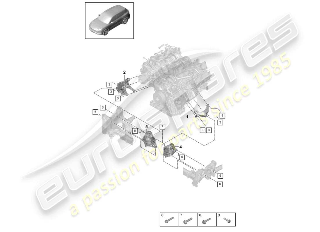 porsche 2024 (cayenne e3 9ya/9yb) engine lifting tackle lower console for engine mounting engine mounting part diagram