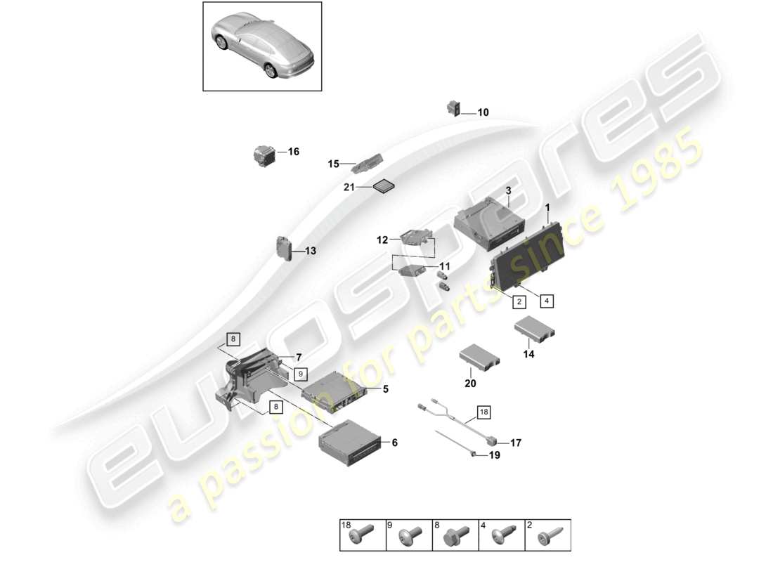porsche 2021 (panamera 971-1) central computer display microphone multimedia interface chip card reader for road toll system camera amplifiers mobile d - 28.05.2018>>- 16.06.2019 part diagram