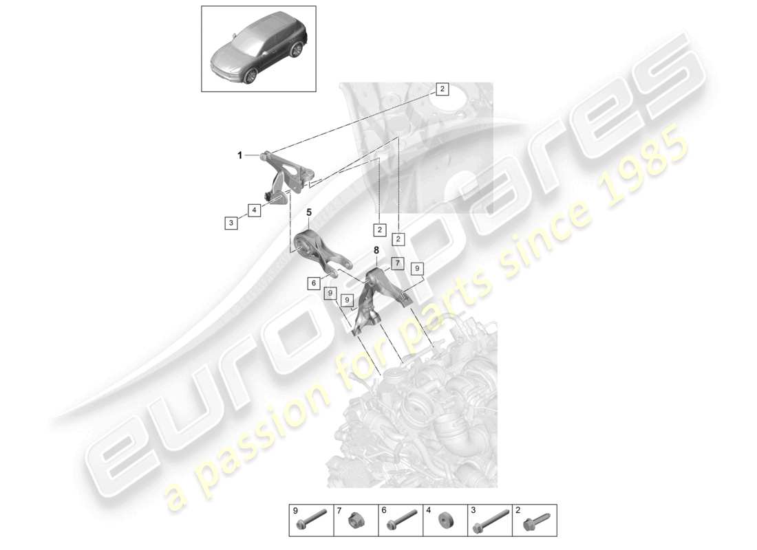 porsche 2021 (cayenne e3 9ya/9yb) engine lifting tackle upper engine support part diagram