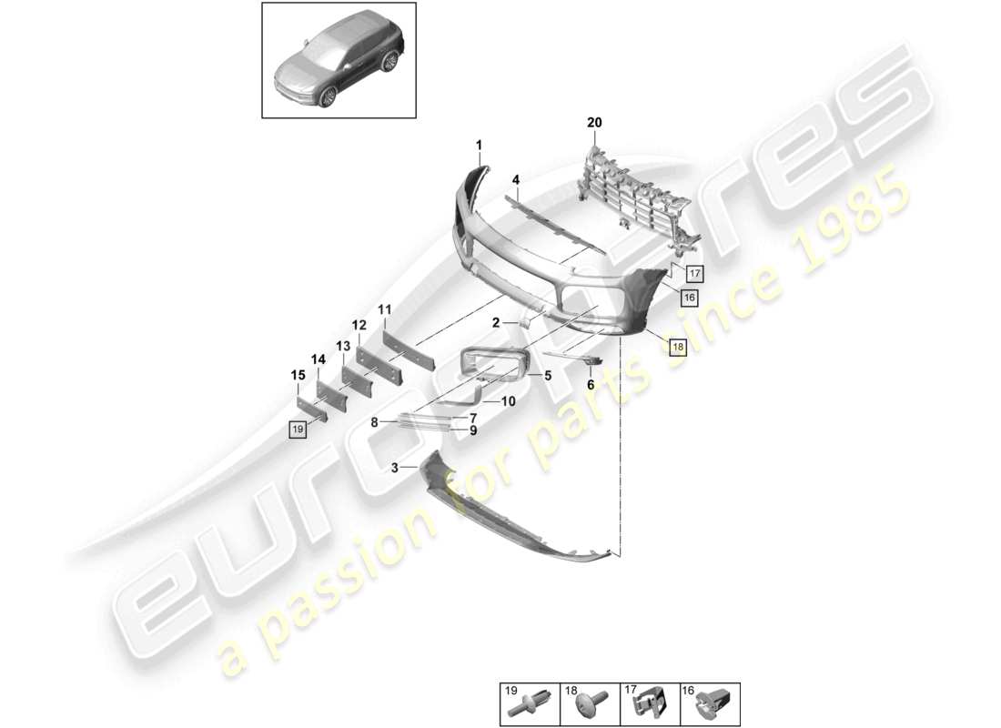 porsche 2022 (cayenne e3 9ya/9yb) bumper front sport design package carbon effect part diagram