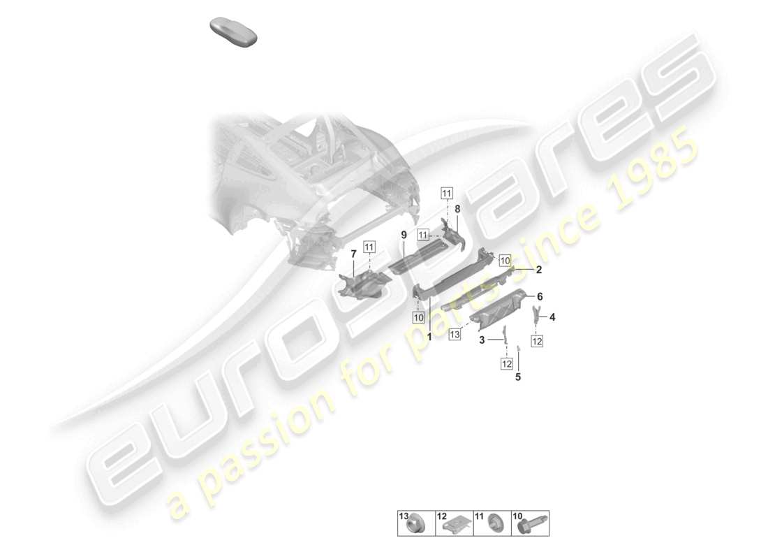 porsche 2022 (992-1) bumper carrier rear and heat shield part diagram