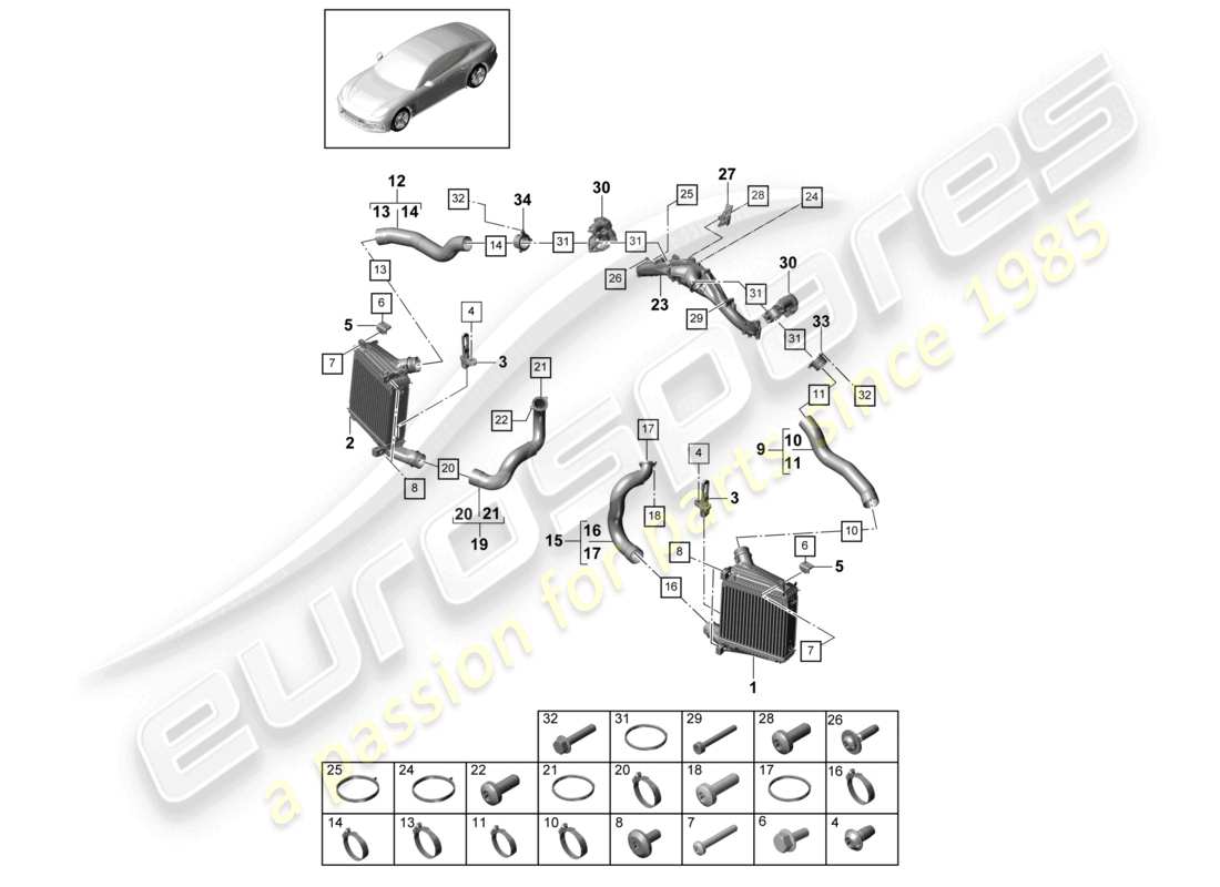 porsche 2021 (panamera 971-1) charge air cooler pressure pipe parts diagram