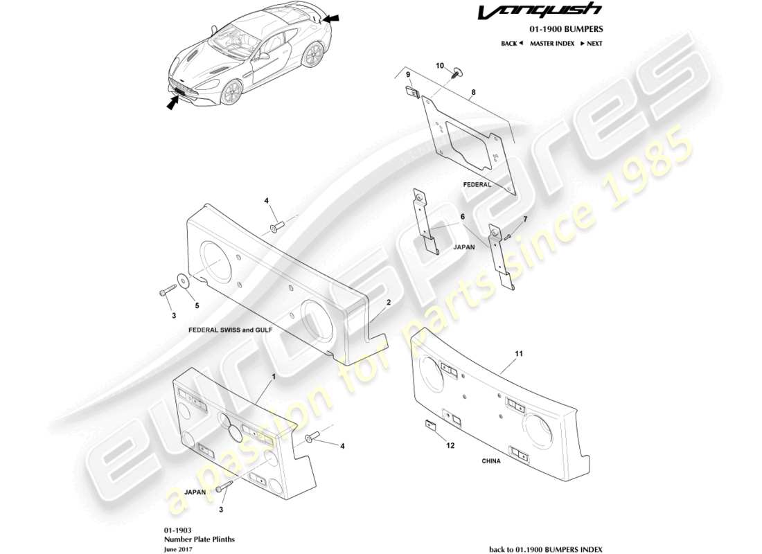 aston martin vanquish (2015) number plate plinths part diagram