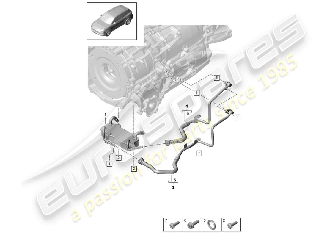 porsche 2021 (cayenne e3 9ya/9yb) 8-speed automatic gearbox for vehicles with hybrid drive gear oil cooler oil pipe part diagram