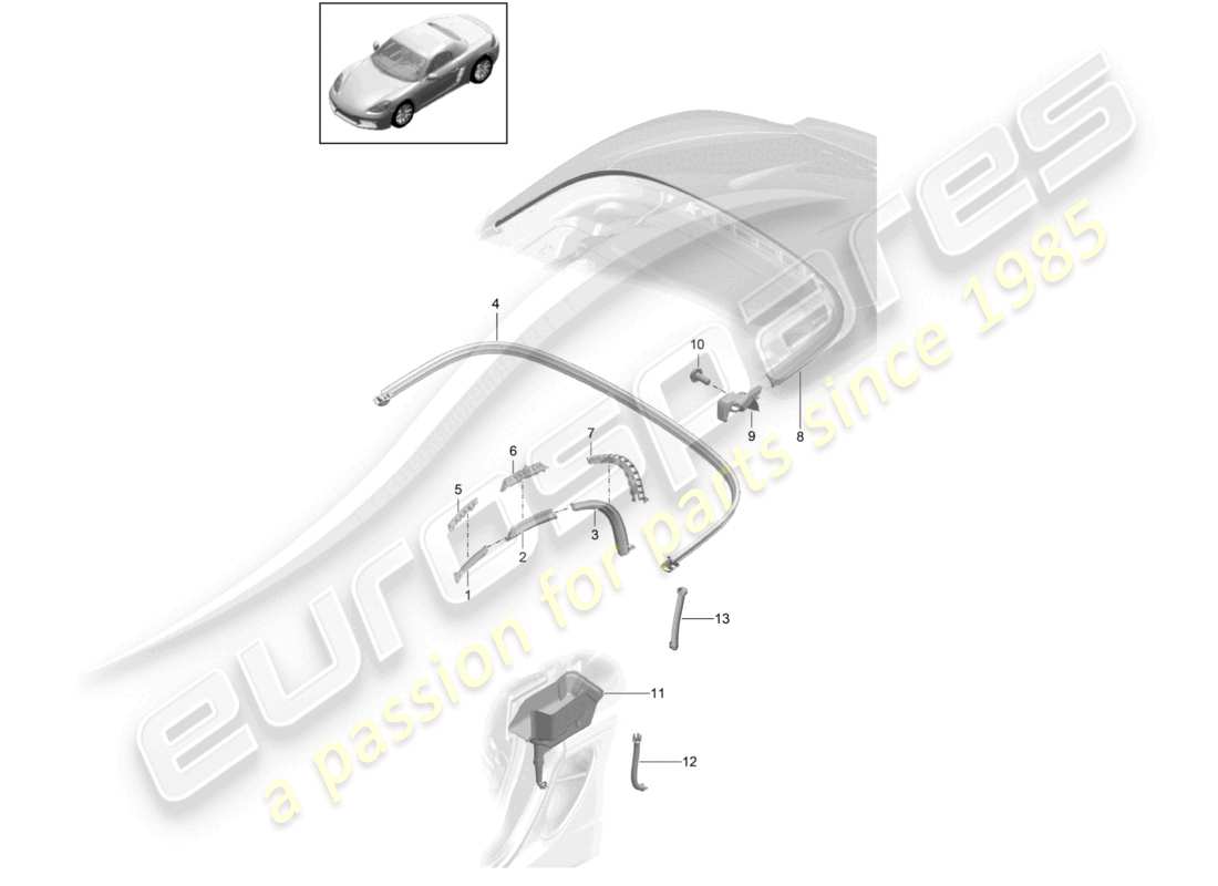 porsche 2021 (718 boxster) convertible top seal water collecting tray part diagram