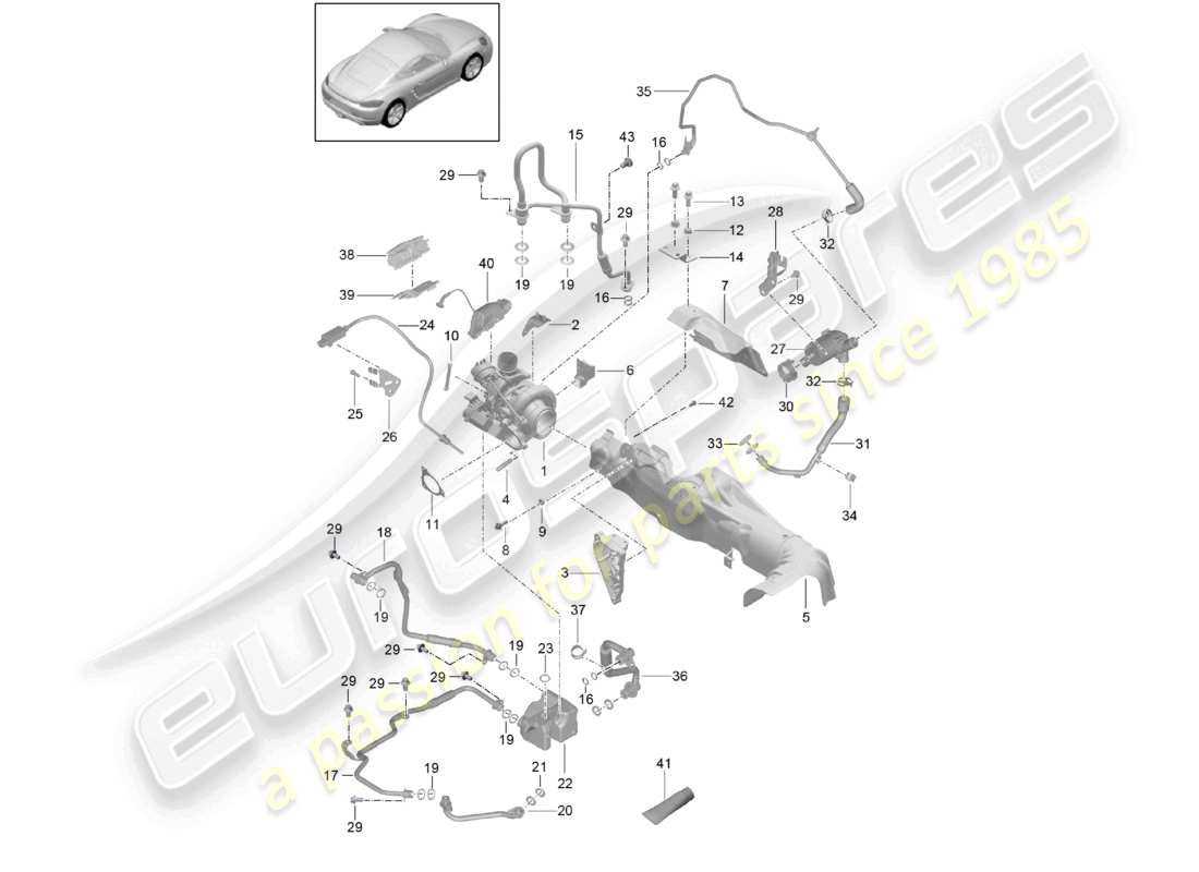 porsche 2023 (718 cayman) exhaust gas turbocharger with: heat insulation oil pipe coolant pipe part diagram