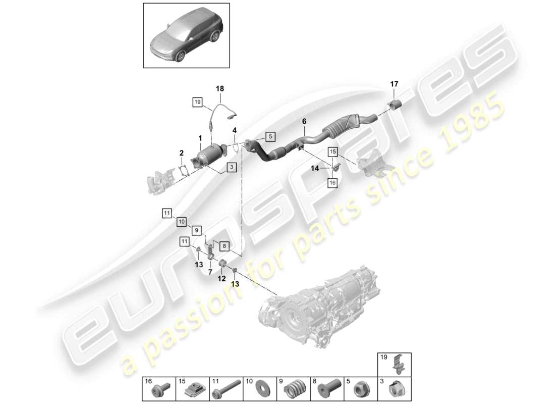 porsche 2022 (cayenne e3 9ya/9yb) exhaust system catalytic converter exhaust pipe with front silencer lambda probe part diagram