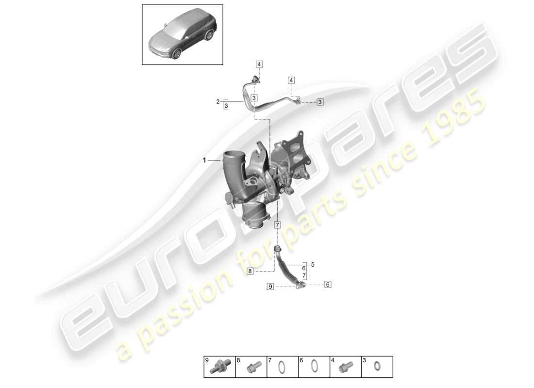 porsche 2024 (cayenne e3 9ya/9yb) oil pressure line for engine oil cooling exhaust gas turbocharger part diagram