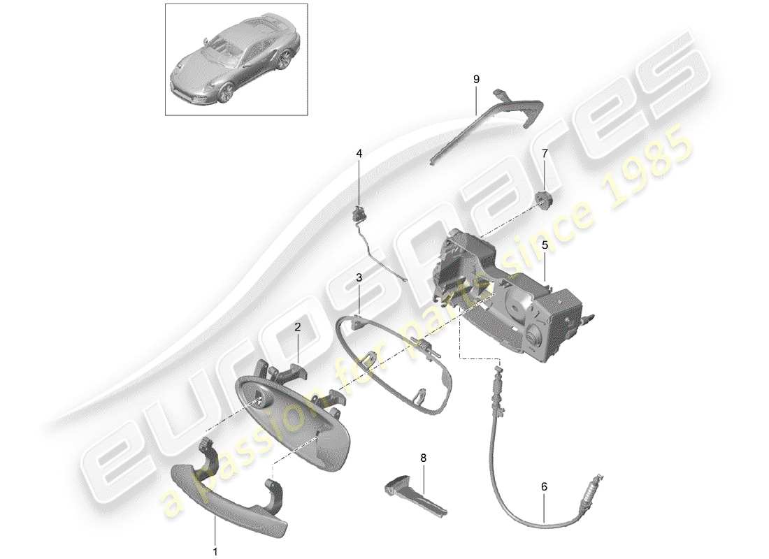 porsche 991 turbo (2018) door handle, outer parts diagram