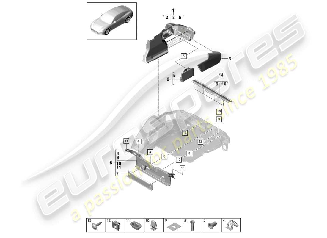 porsche 2021 (panamera 971-1) luggage compartment trim side part diagram
