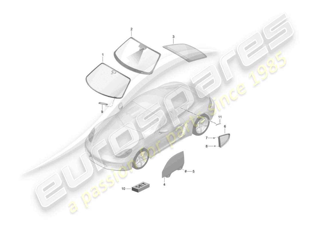 porsche 2022 (718 cayman) windscreen side window rear window part diagram
