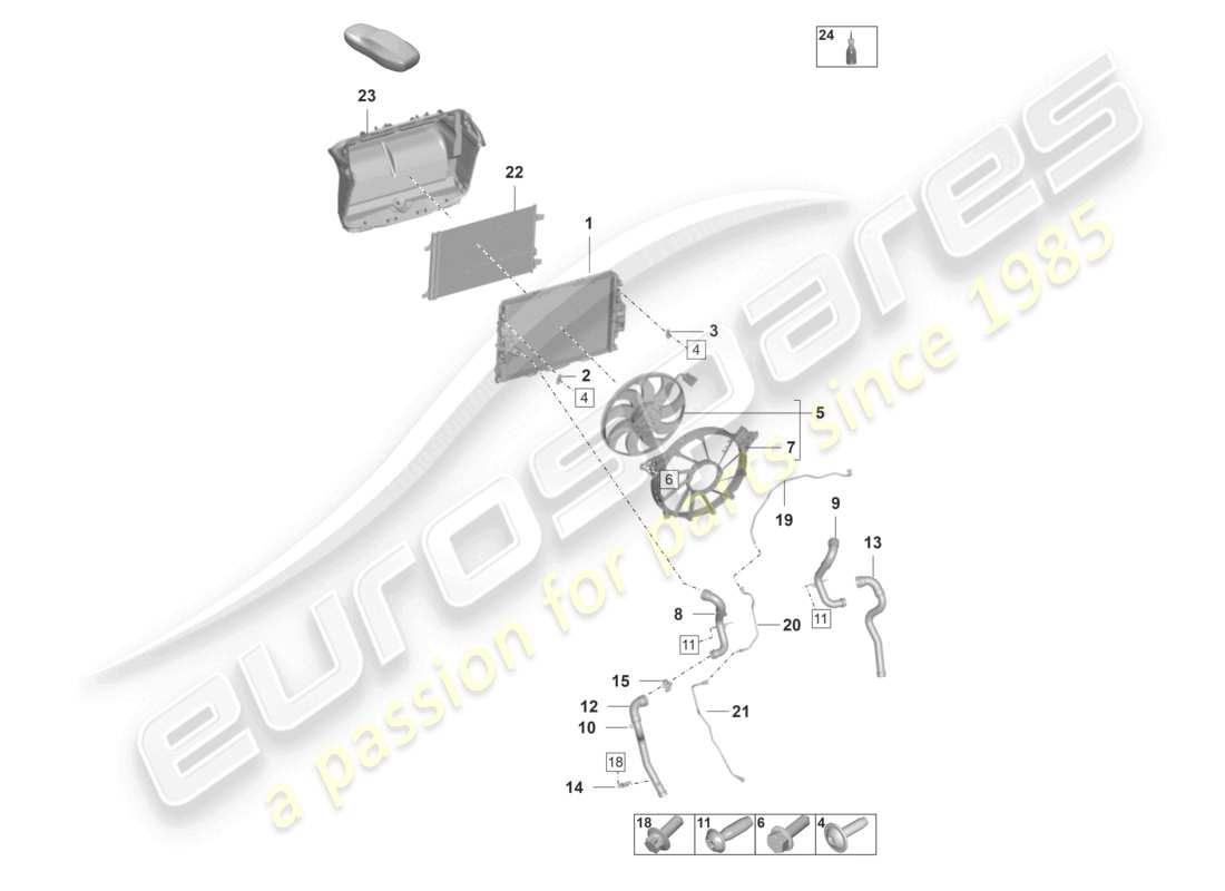 porsche 2022 (992-1 gt3/rs/st) cooler for coolant center radiator fan part diagram