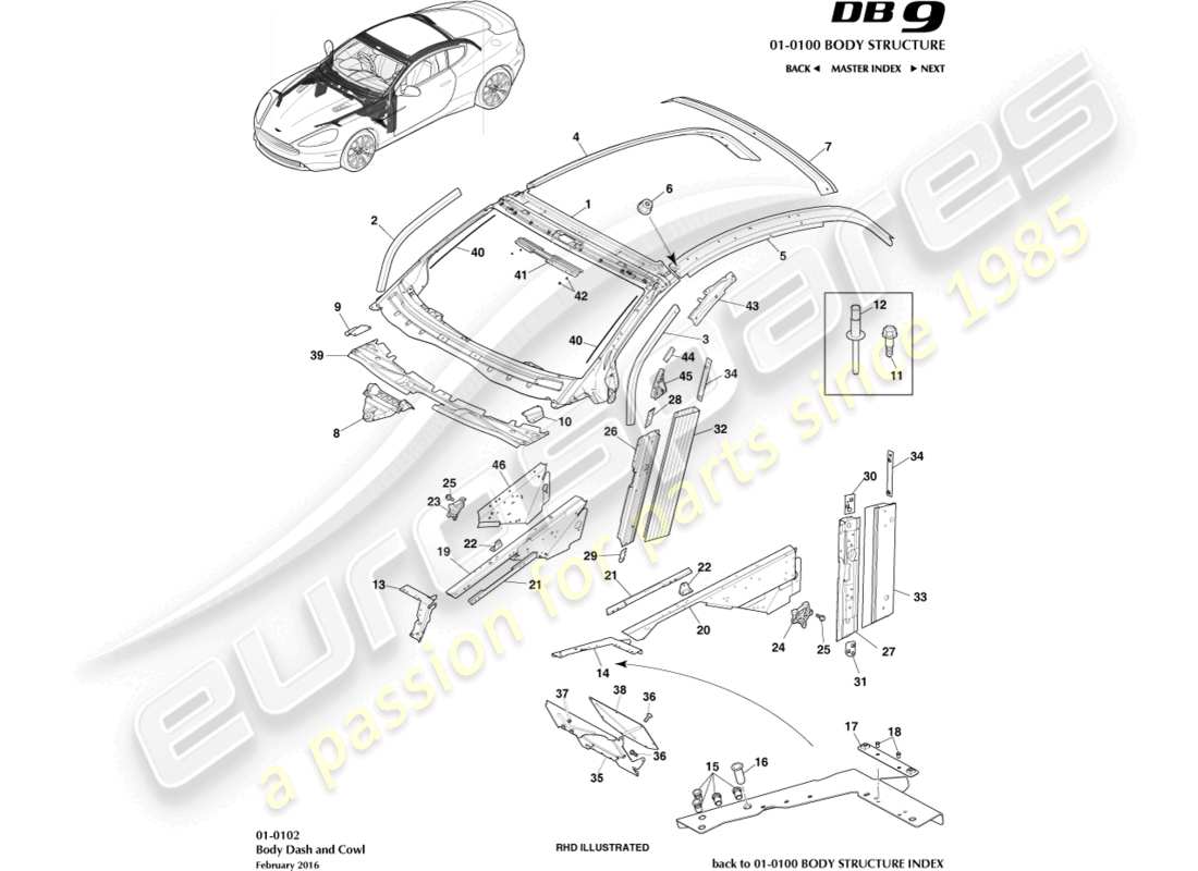 aston martin db9 (2013) body dash & cowl, coupe part diagram