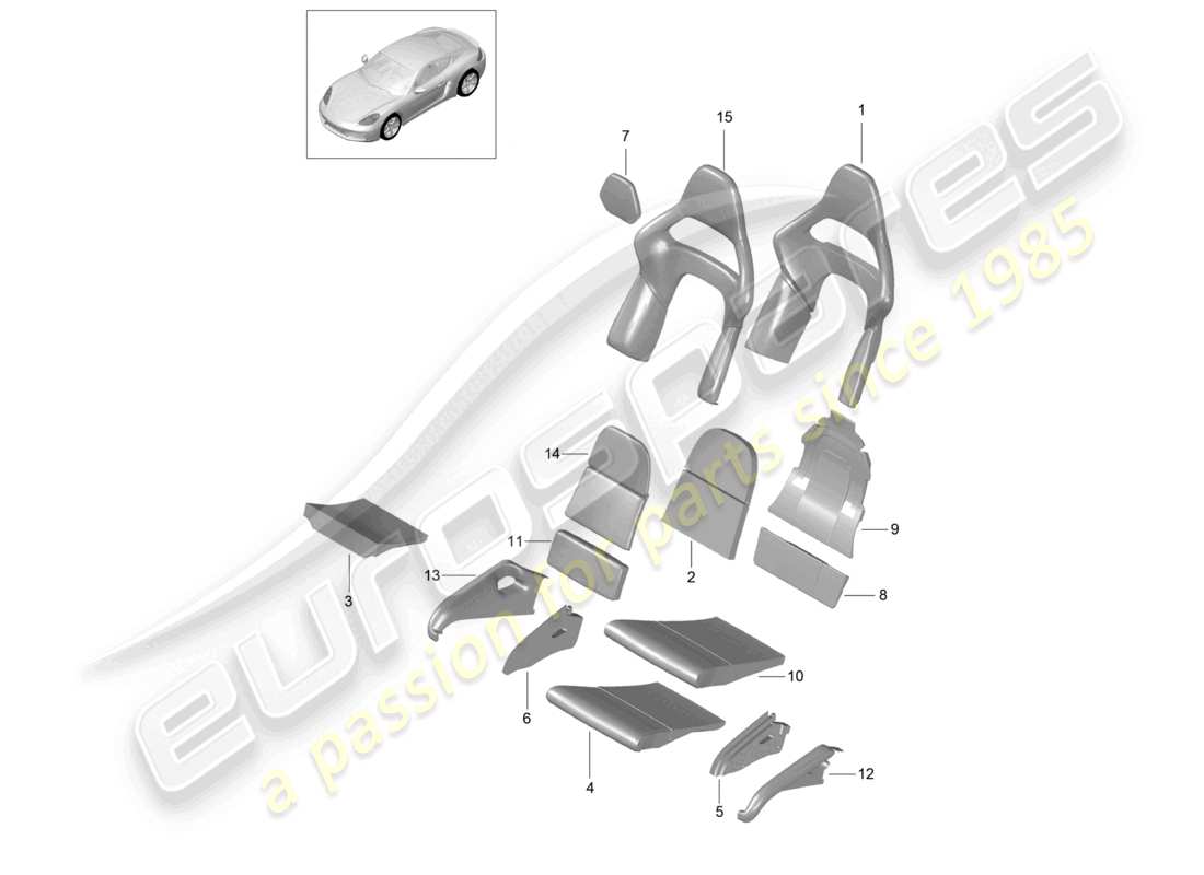 porsche 2024 (718 cayman) foam part folding backrest covers seat covers seat and backrest surface bucket seat part diagram