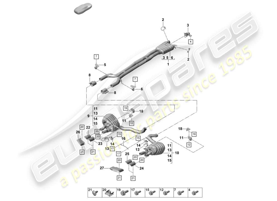 porsche 2021 (panamera 971-2) exhaust system front silencer rear silencer tailpipe part diagram