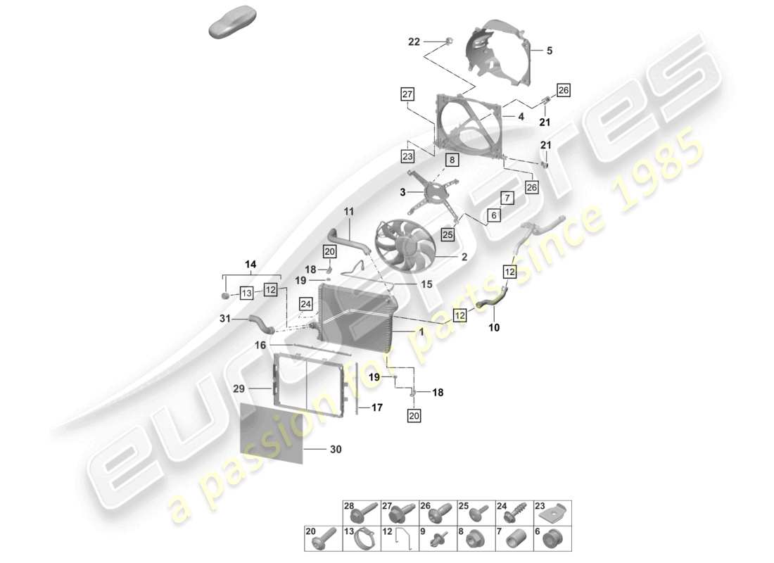 porsche 2021 (992-1 gt3/rs/st) cooler for coolant front radiator fan part diagram
