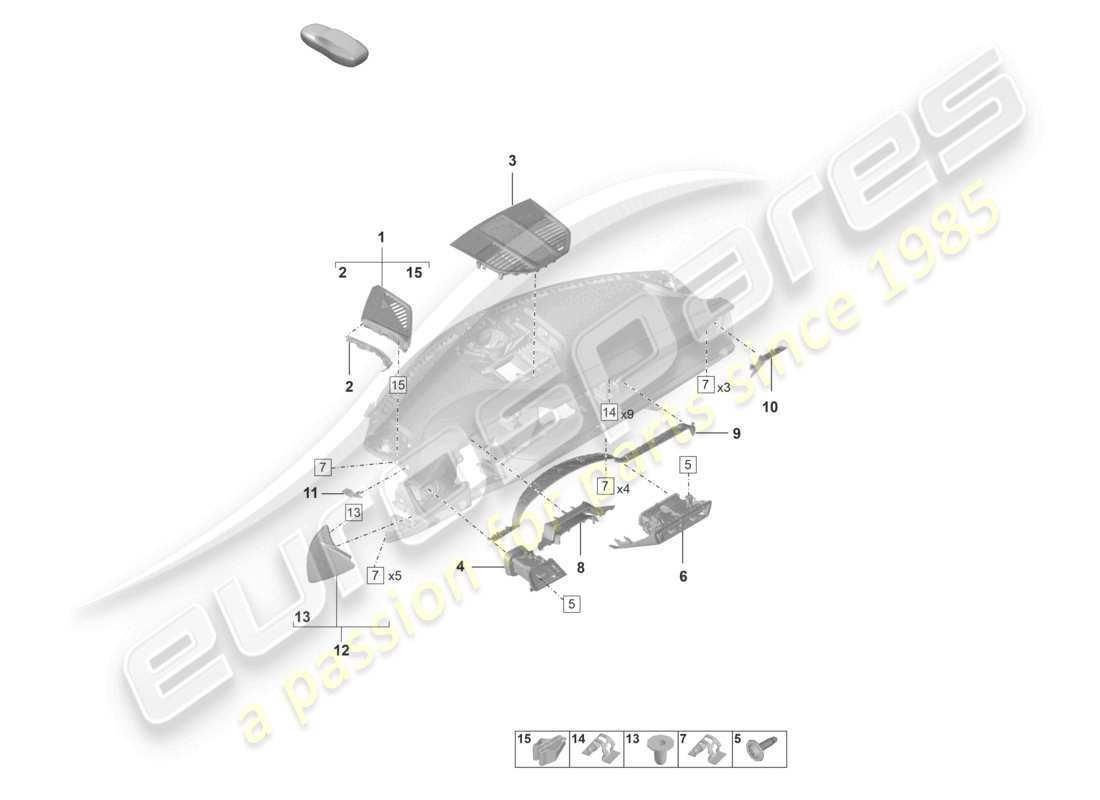 porsche 2021 (992-1 gt3/rs/st) accessories instrument panel trim part diagram