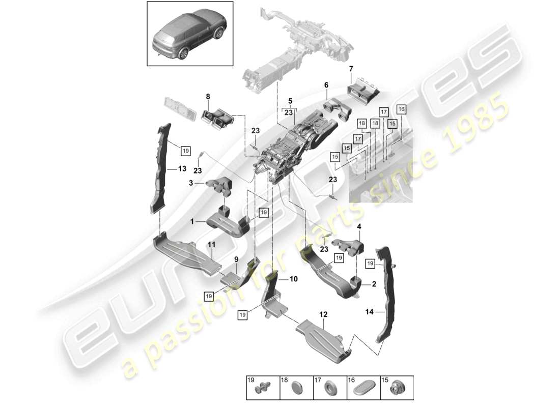 porsche 2023 (cayenne e3 9ya/9yb) air guide air conditioning passenger compartment for vehicles with 2nd heat exchanger part diagram