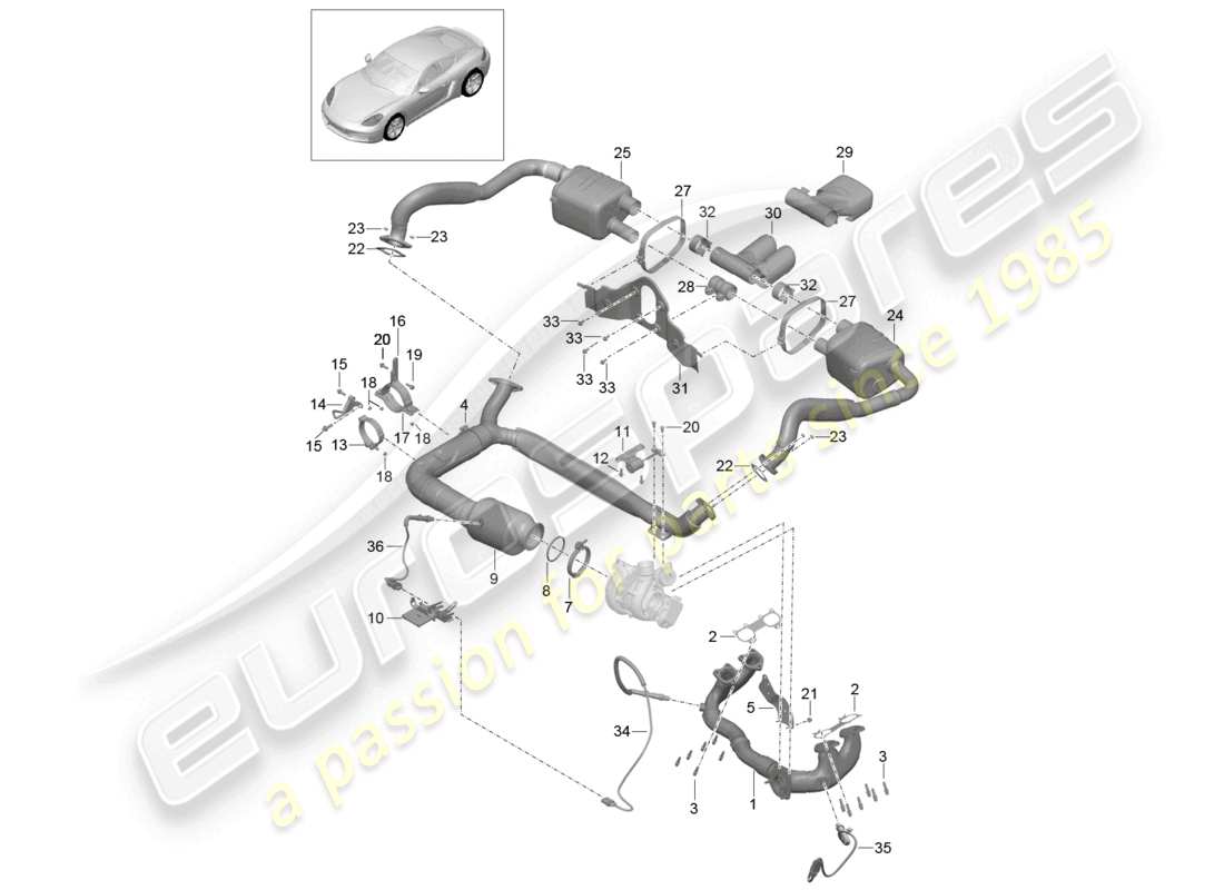 porsche 2025 (718 cayman) exhaust system silencer catalytic converter part diagram