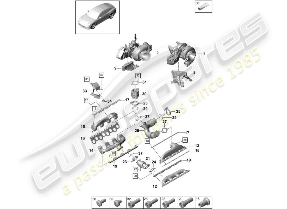 porsche 2021 (panamera 971-1) exhaust gas turbocharger exhaust manifolds parts diagram