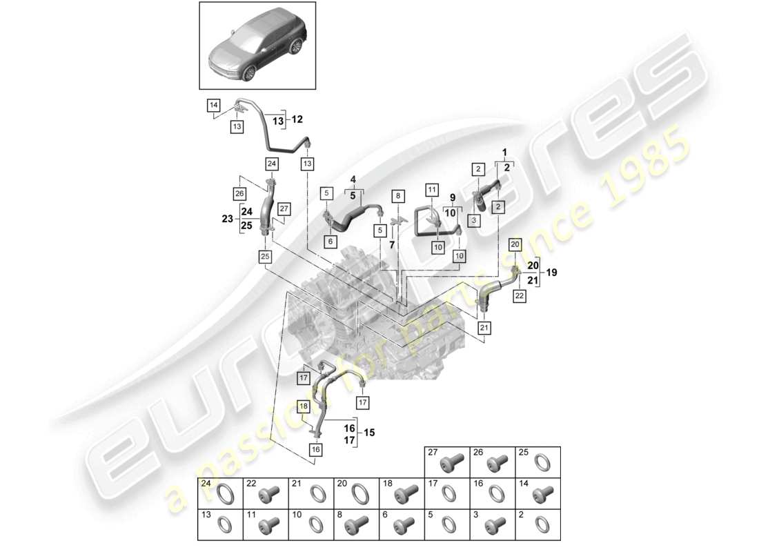 porsche 2024 (cayenne e3 9ya/9yb) coolant cooling system for turbocharger oil pressure line for engine oil cooling part diagram