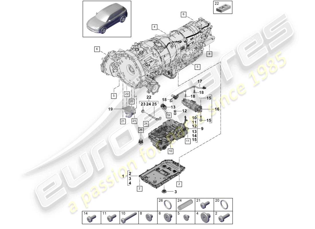 porsche 2022 (cayenne e3 9ya/9yb) 8-speed automatic gearbox for vehicles with hybrid drive mechatronic with software oil pump gear oil cooler transmission oil sump part diagram
