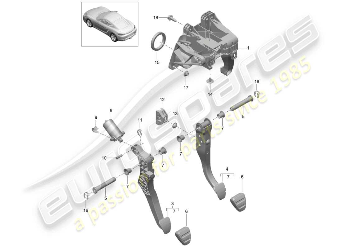 porsche 2026 (718 cayman) brake and clutch pedals cluster part diagram