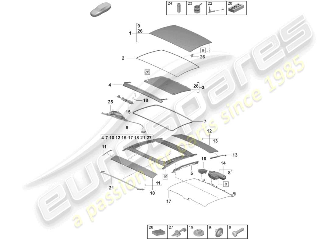 porsche 2023 (992-1 turbo / s) sliding/tilting roof part diagram