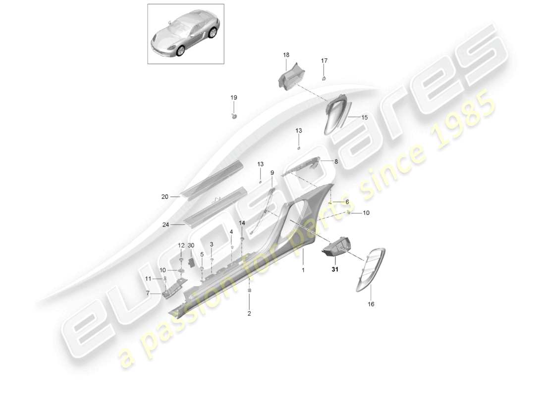 porsche 2024 (718 cayman) side member trim and air guide engine bay part diagram