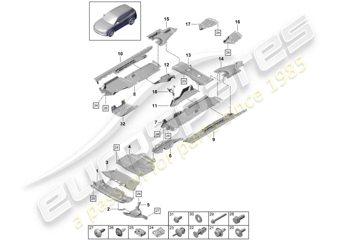 porsche 2023 (cayenne e3 9ya/9yb) trim underbody trim part diagram