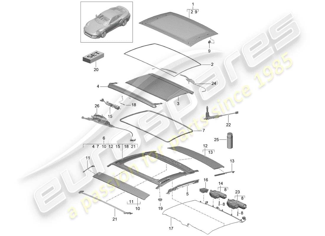 porsche 991 turbo (2018) glass roof parts diagram