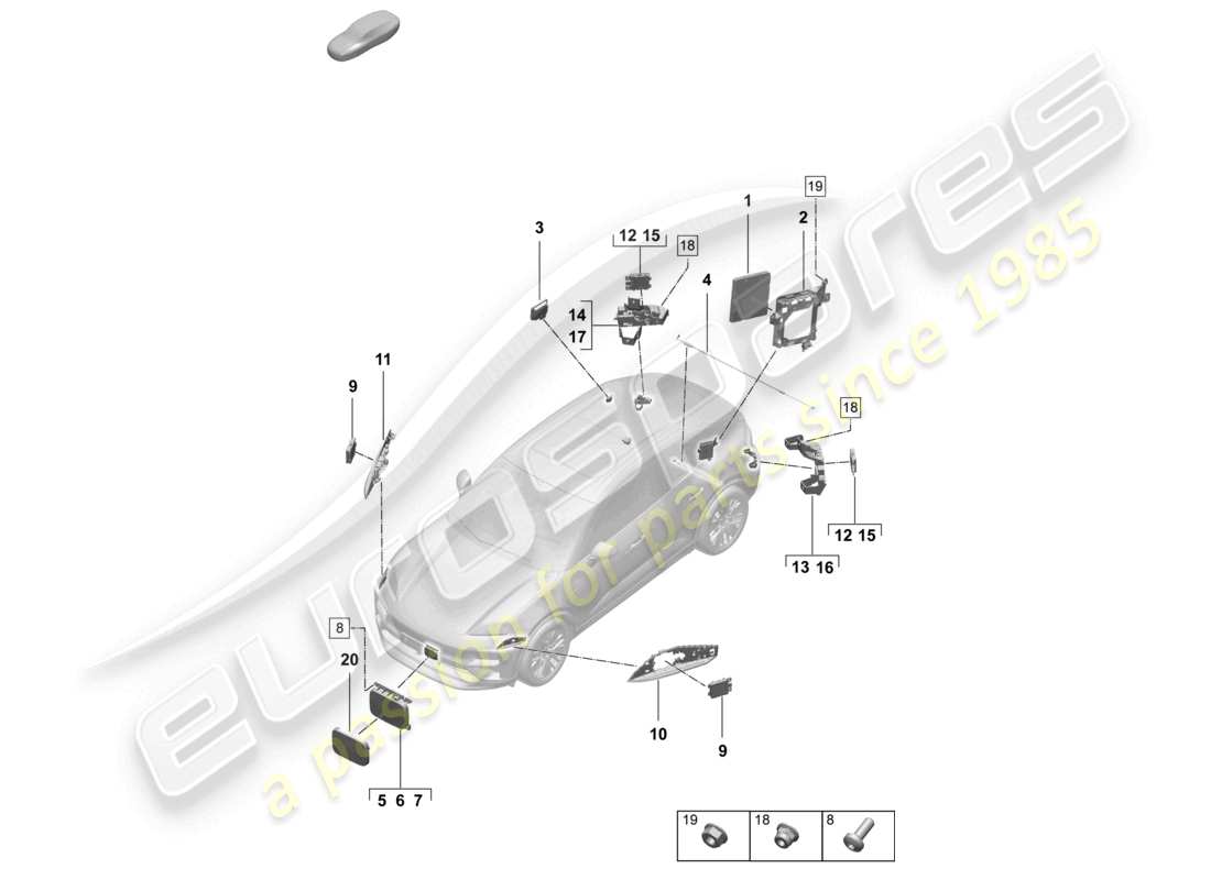 porsche 2026 (macan-e) control unit (bcm) for conv. system & ob power supply control unit for opening garage door control unit for distance regulation for vehicles with lane change assist part diagram