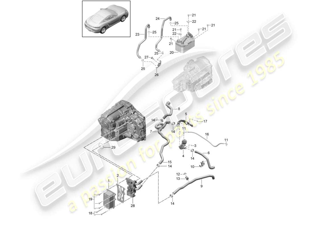 porsche 2025 (718 cayman) - pdk - gearbox heat exchanger oil pipe water pipe part diagram