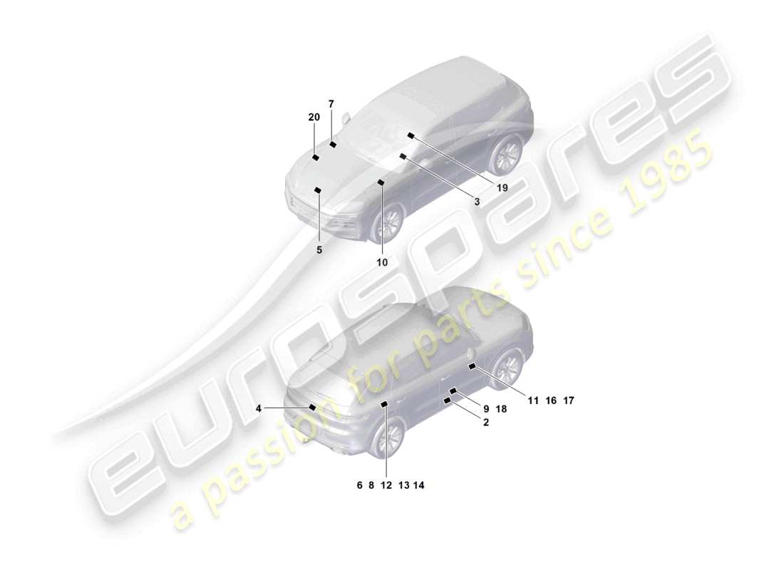 porsche 2026 (cayenne e3 pa) signs/notices spare wheel warning sign air conditioning auxiliary heater battery part diagram