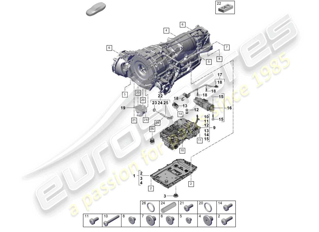 porsche 2026 (cayenne e3 pa) 8-speed automatic gearbox for four-wheel drive mechatronic with software oil pump gear oil cooler transmission oil sump part diagram