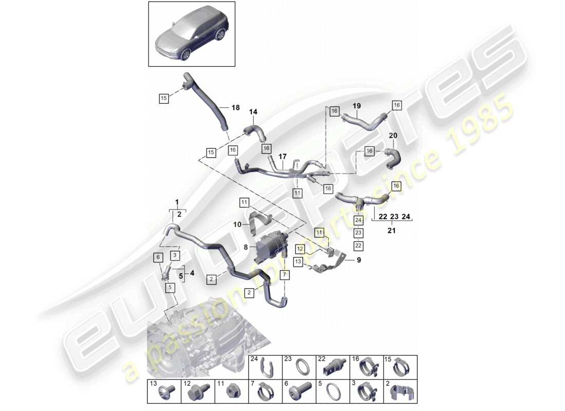 porsche 2023 (cayenne e3 9ya/9yb) coolant cooling system coolant hoses part diagram