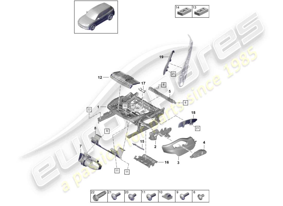 porsche 2022 (cayenne e3 9ya/9yb) seat frame comfort seat part diagram