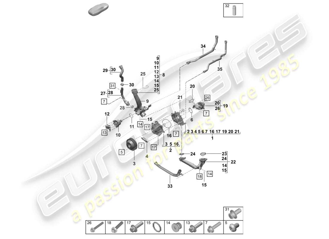 porsche 2023 (992-1 turbo / s) coolant pump thermostat thermostat housing part diagram