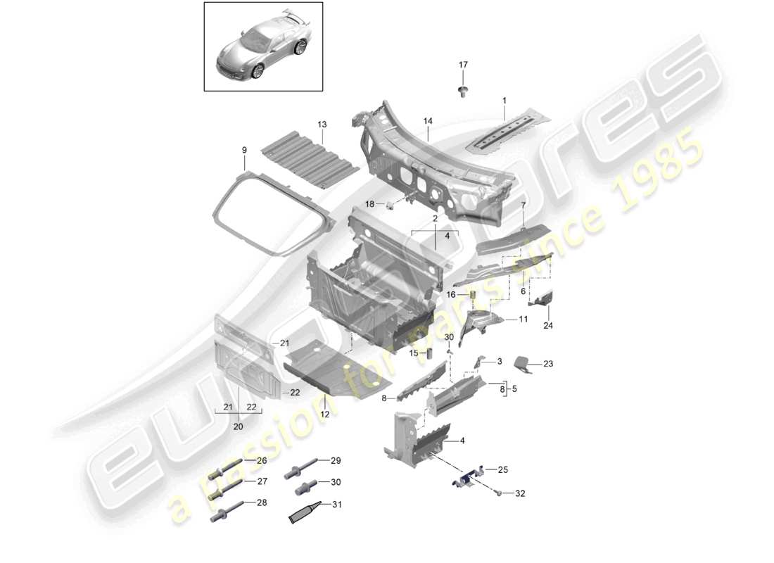 porsche 2021 (991-2 r/gt3/rs) front end individual parts part diagram