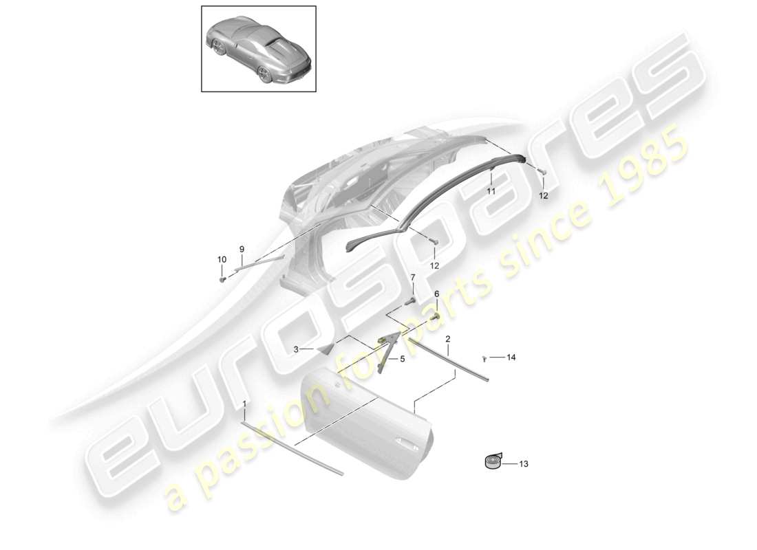 porsche 2021 (991-2 r/gt3/rs) door seal and trim part diagram